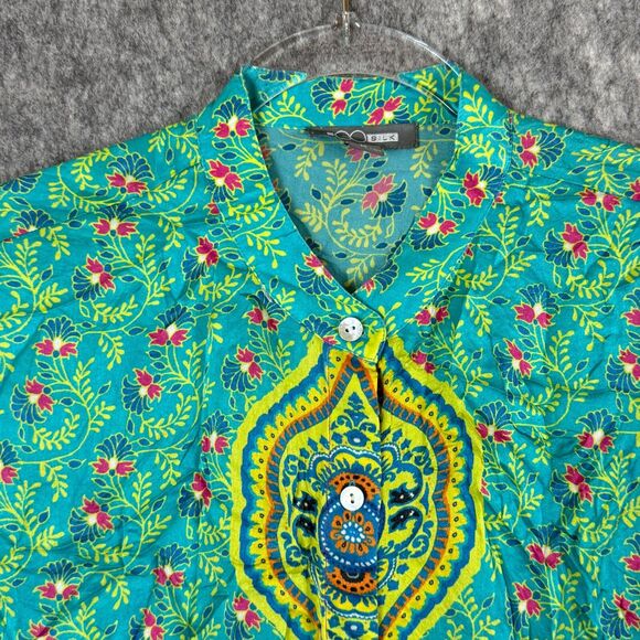 Go Silk Floral Paisley Tunic Top Button Shirt Colorful Hippie Boho 3/4 Sleeve M - Picture 2 of 11